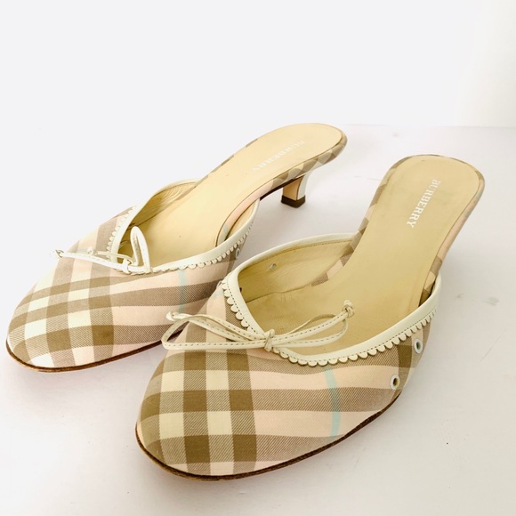 Burberry Shoes - Burberry Kitten Heeled Mules with White Bows EUC
